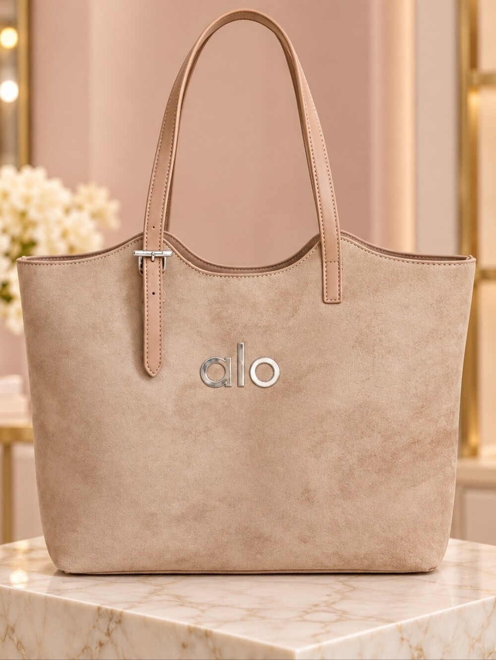 Yoga Beige Suede-Look Tote with Silver Logo